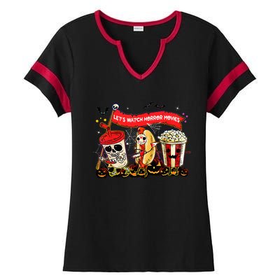 Lets Watch Horror Movies Halloween Funny Ghost Skeleton Ladies Halftime Notch Neck Tee