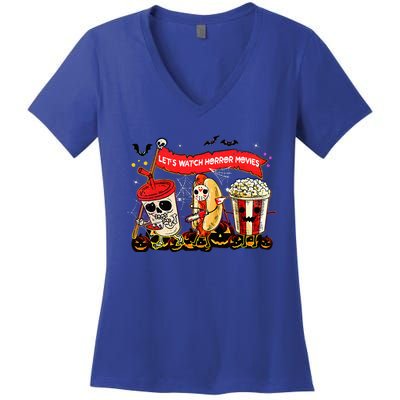 Lets Watch Horror Movies Halloween Funny Ghost Skeleton Women's V-Neck T-Shirt