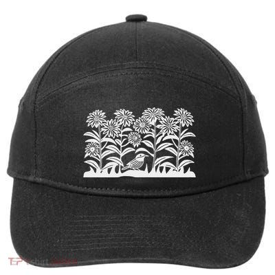 Little Wren In Zinnia Flowers Graphic Bird Garden Art 7-Panel Snapback Hat