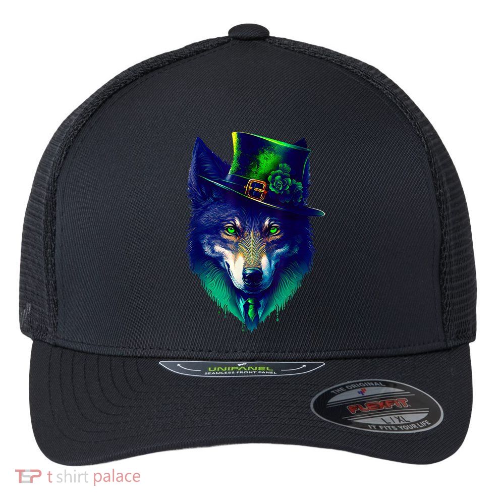Leprechaun Wolf Irish Wolf Lover St Patrick's Day Flexfit Unipanel Trucker Cap