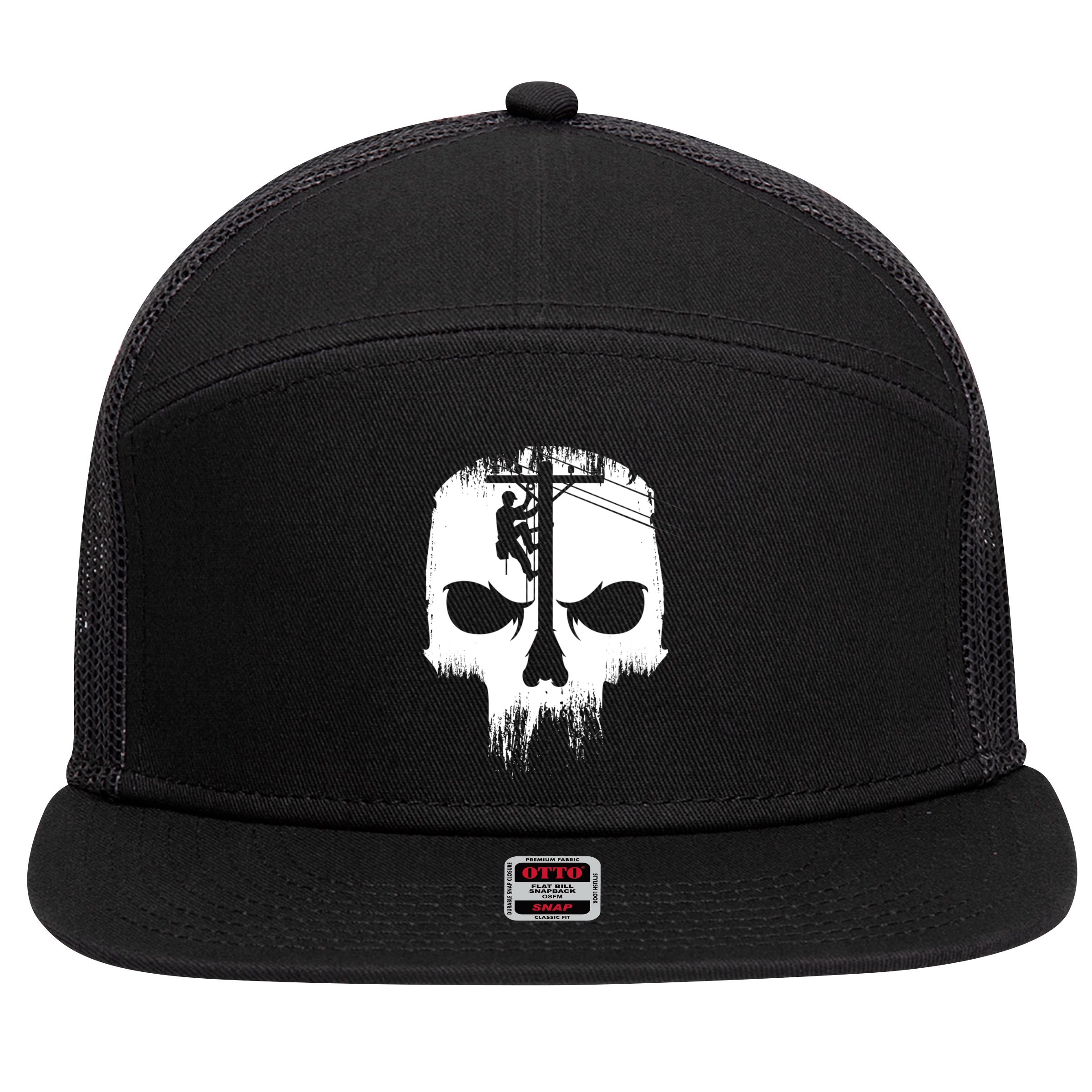 Lineman Worker Journeyman Skull Line Man Patriotic Labor Day 7 Panel Mesh Trucker Snapback Hat