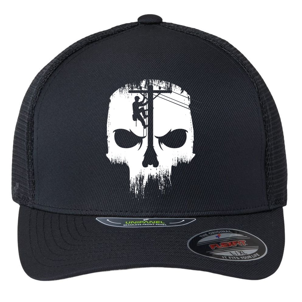 Lineman Worker Journeyman Skull Line Man Patriotic Labor Day Flexfit Unipanel Trucker Cap