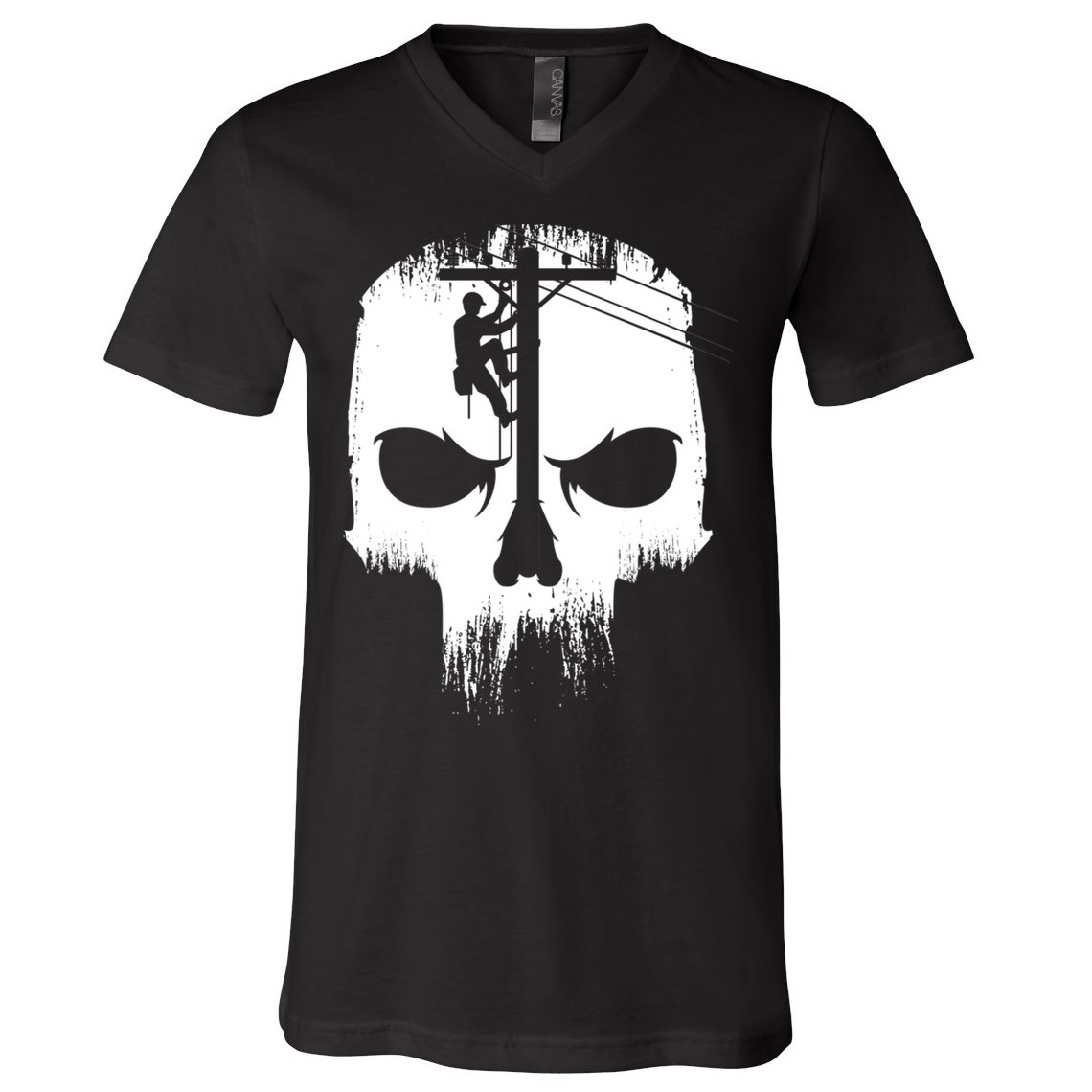 Lineman Worker Journeyman Skull Line Man Patriotic Labor Day V-Neck T-Shirt
