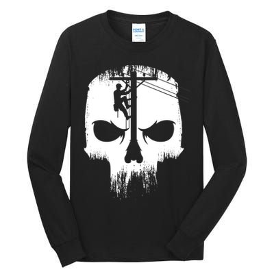 Lineman Worker Journeyman Skull Line Man Patriotic Labor Day Tall Long Sleeve T-Shirt