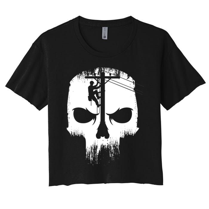 Lineman Worker Journeyman Skull Line Man Patriotic Labor Day Women's Crop Top Tee