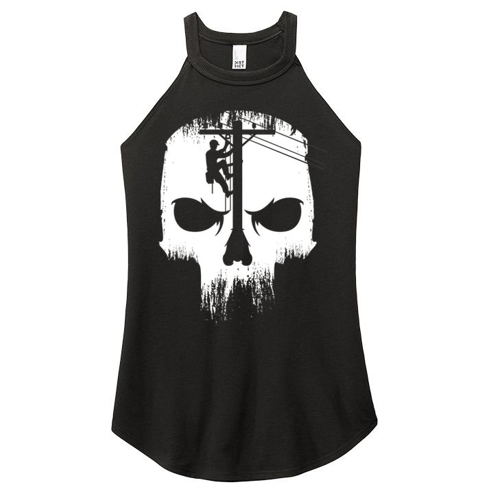 Lineman Worker Journeyman Skull Line Man Patriotic Labor Day Women's Perfect Tri Rocker Tank