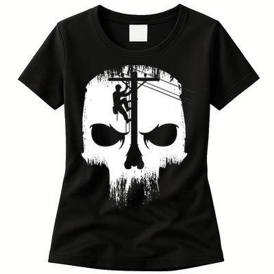 Lineman Worker Journeyman Skull Line Man Patriotic Labor Day Womens T-Shirt