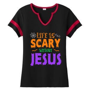 Life Without Jesus Is Scary Fall Christian Halloween Jesus Ladies Halftime Notch Neck Tee