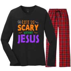 Life Without Jesus Is Scary Fall Christian Halloween Jesus Women's Long Sleeve Flannel Pajama Set 