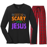 Life Without Jesus Is Scary Fall Christian Halloween Jesus Women's Long Sleeve Flannel Pajama Set 