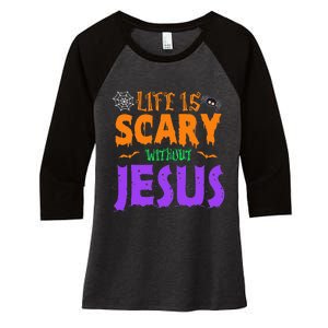 Life Without Jesus Is Scary Fall Christian Halloween Jesus Women's Tri-Blend 3/4-Sleeve Raglan Shirt