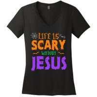 Life Without Jesus Is Scary Fall Christian Halloween Jesus Women's V-Neck T-Shirt