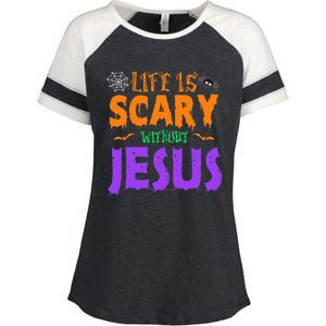 Life Without Jesus Is Scary Fall Christian Halloween Jesus Enza Ladies Jersey Colorblock Tee