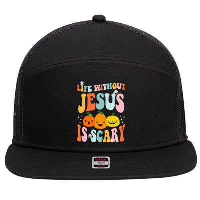 Life Without Jesus Is Scary Fun Halloween Pumpkin Christian Catholic 7 Panel Mesh Trucker Snapback Hat