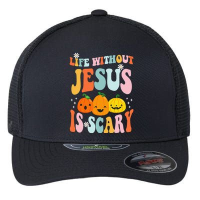 Life Without Jesus Is Scary Fun Halloween Pumpkin Christian Catholic Flexfit Unipanel Trucker Cap