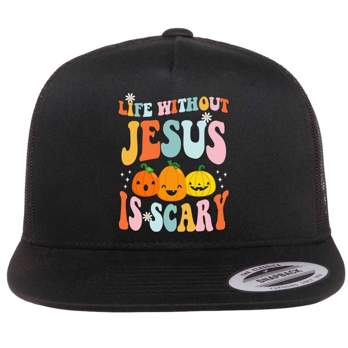 Life Without Jesus Is Scary Fun Halloween Pumpkin Christian Catholic Flat Bill Trucker Hat