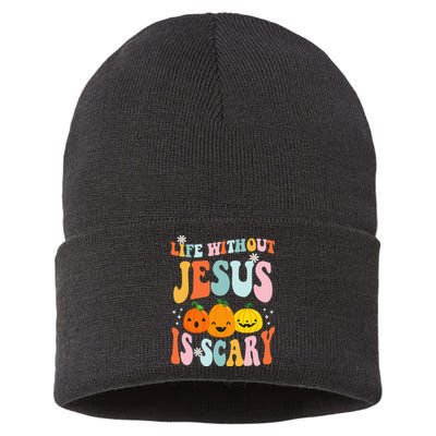 Life Without Jesus Is Scary Fun Halloween Pumpkin Christian Catholic Sustainable Knit Beanie