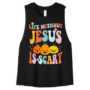 Life Without Jesus Is Scary Fun Halloween Pumpkin Christian Catholic Women's Racerback Cropped Tank