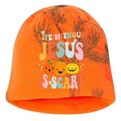 Life Without Jesus Is Scary Fun Halloween Pumpkin Christian Catholic Kati - Camo Knit Beanie