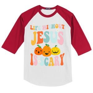 Life Without Jesus Is Scary Fun Halloween Pumpkin Christian Catholic Kids Colorblock Raglan Jersey