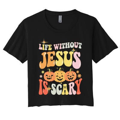 Life Without Jesus Scary Halloween Faith Belief Women's Crop Top Tee