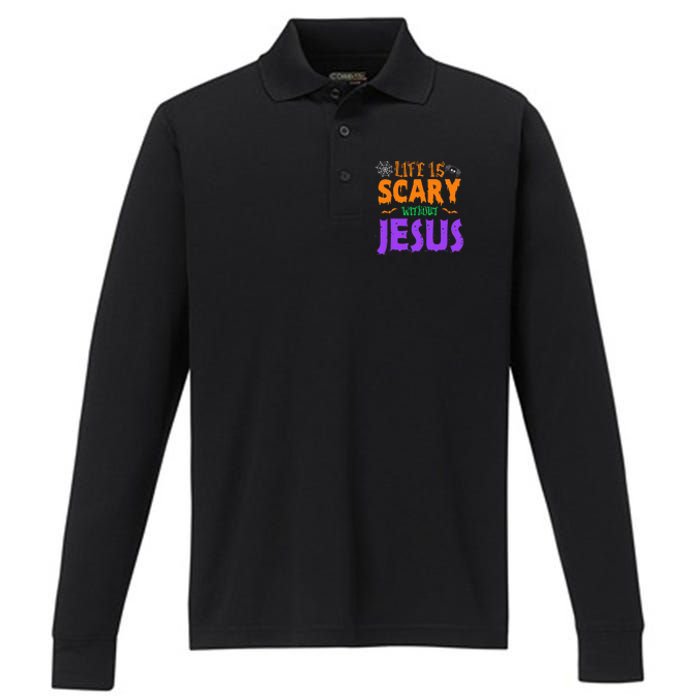 Life Without Jesus Is Scary Fall Christian Halloween Jesus Performance Long Sleeve Polo