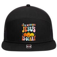 Life Without Jesus is Scary Fall Christian Halloween Jesus 7 Panel Mesh Trucker Snapback Hat