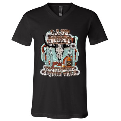 LastNight We Let The Liquor Talk, Cow Skull Western Country V-Neck T-Shirt