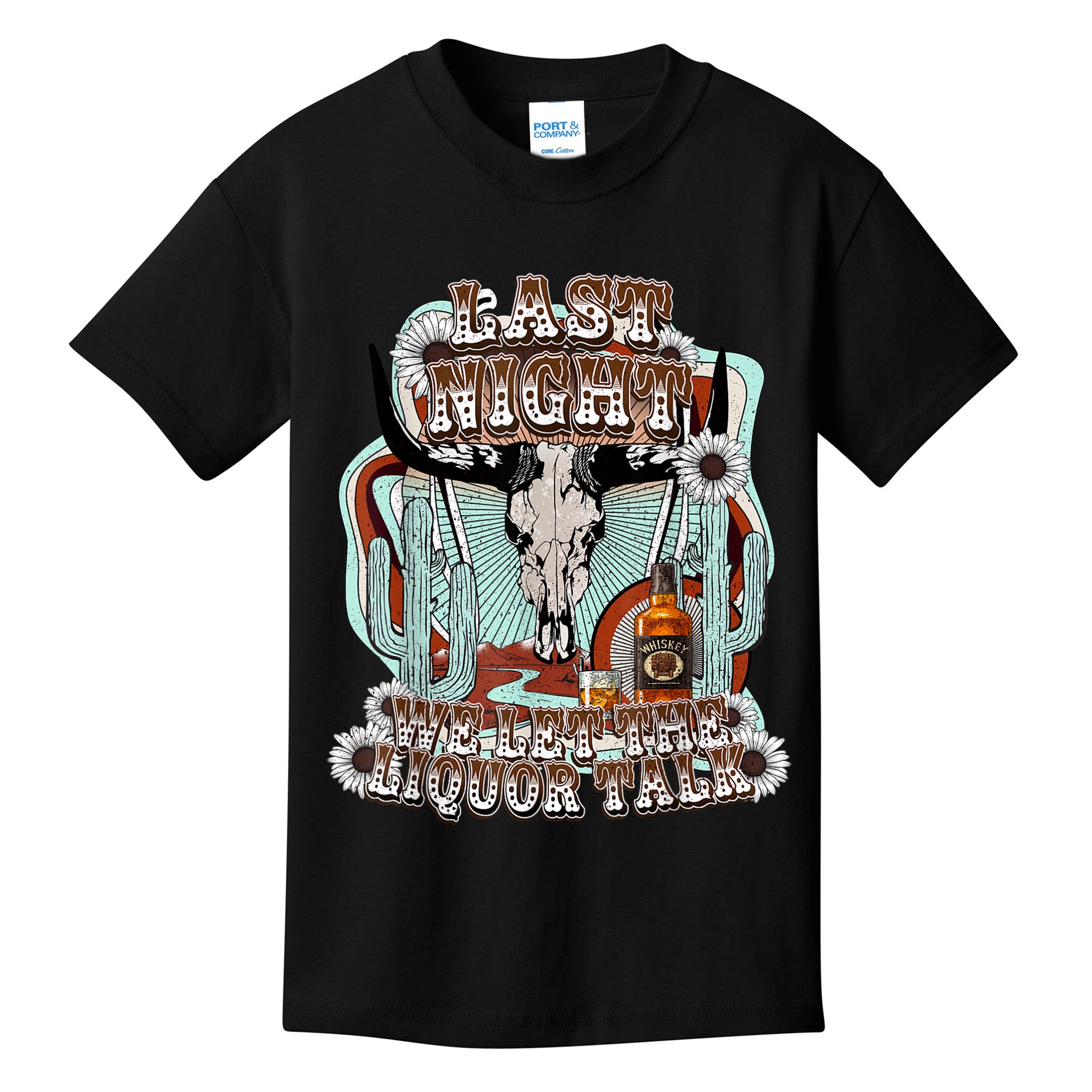 LastNight We Let The Liquor Talk, Cow Skull Western Country Kids T-Shirt