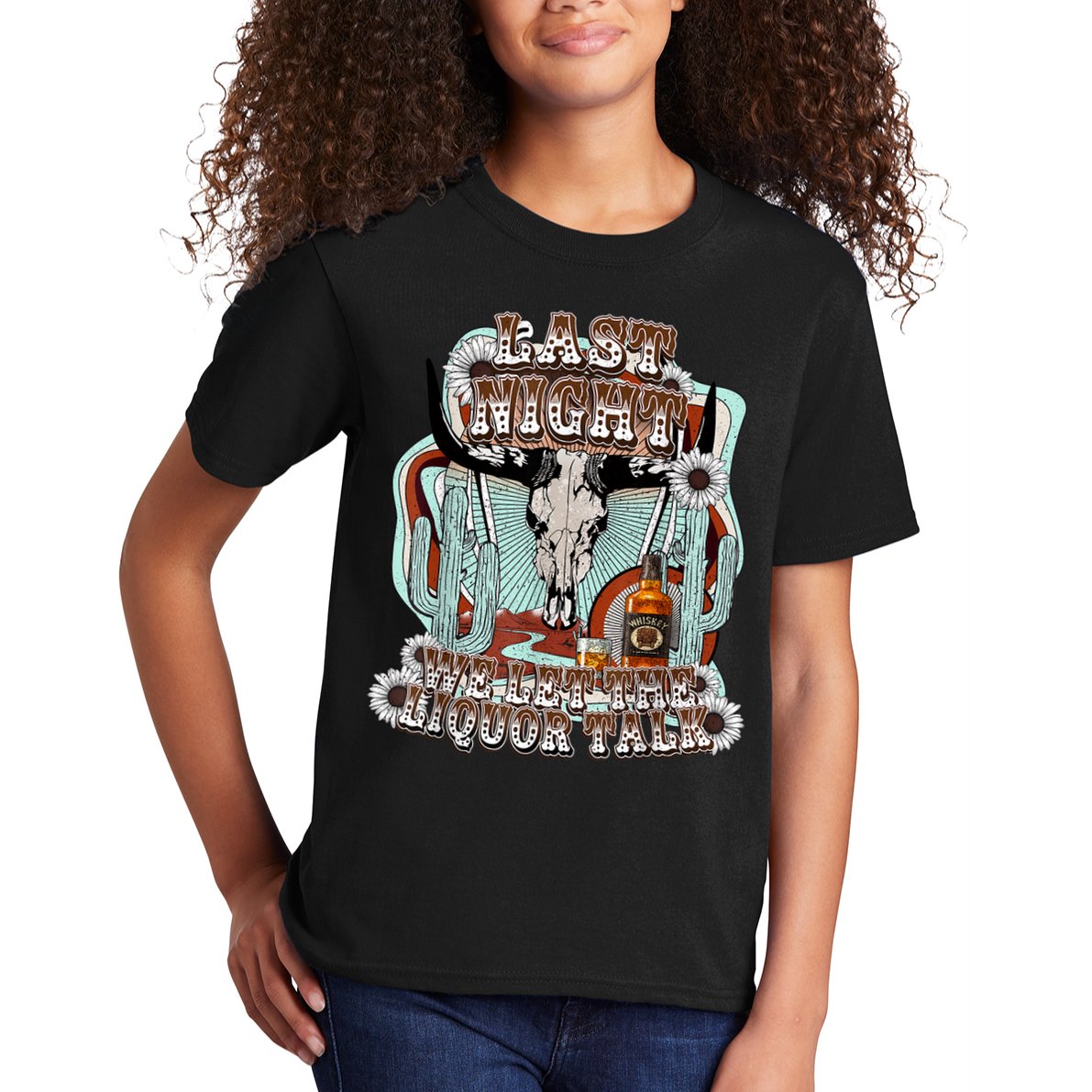 LastNight We Let The Liquor Talk, Cow Skull Western Country Kids T-Shirt