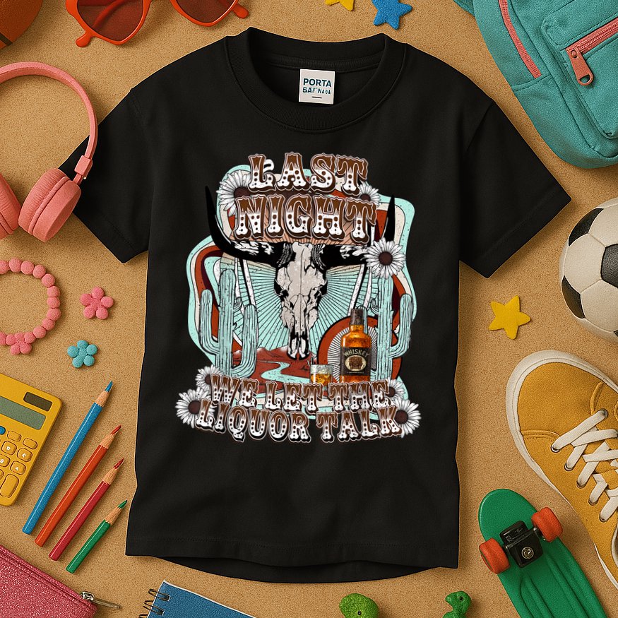 LastNight We Let The Liquor Talk, Cow Skull Western Country Kids T-Shirt
