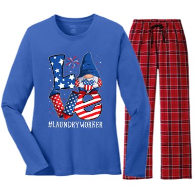 Laundry Worker Love 4th Of July Gnome Usa Patriotic Gift Women's Long Sleeve Flannel Pajama Set 