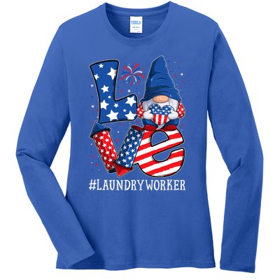 Laundry Worker Love 4th Of July Gnome Usa Patriotic Gift Ladies Long Sleeve Shirt