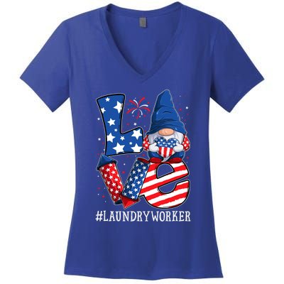 Laundry Worker Love 4th Of July Gnome Usa Patriotic Gift Women's V-Neck T-Shirt