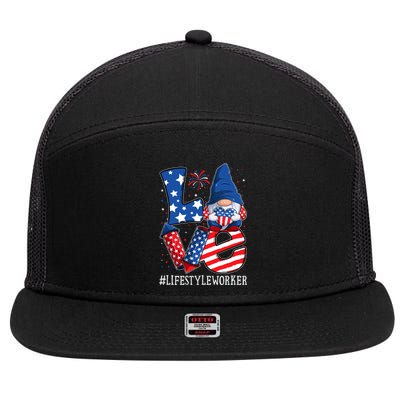 Lifestyle Worker Love 4th Of July Gnome Usa Patriotic Cool Gift 7 Panel Mesh Trucker Snapback Hat