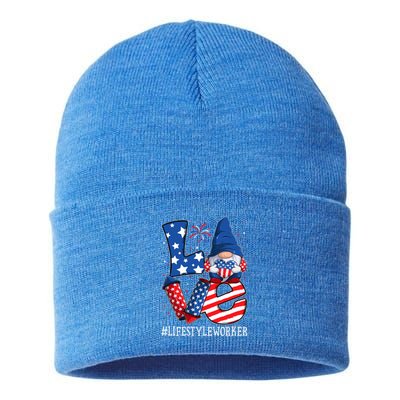 Lifestyle Worker Love 4th Of July Gnome Usa Patriotic Cool Gift Sustainable Knit Beanie