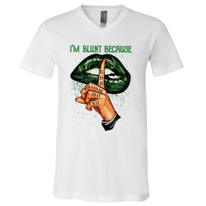 Lips Weed Leaf I'm Blunt God Rolled Me Funny 420 Marijuana Dripping Lips V-Neck T-Shirt