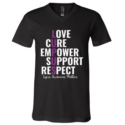 Lupus Warrior Love Cure Empower Support Respect V-Neck T-Shirt