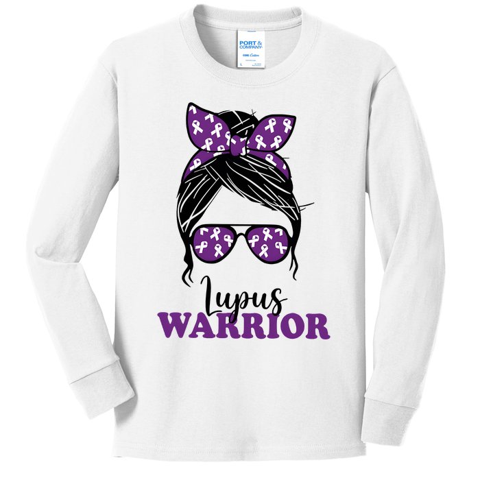 Lupus Warrior Messy Bun Woman Lupus Awareness Kids Long Sleeve Shirt