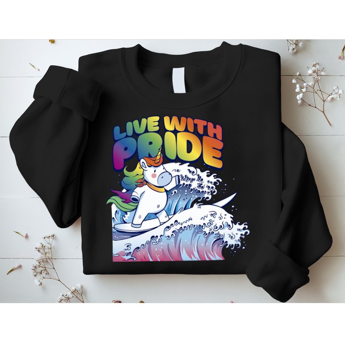 Live With Pride LGBTQ Unicorn Surfing Sweatshirt