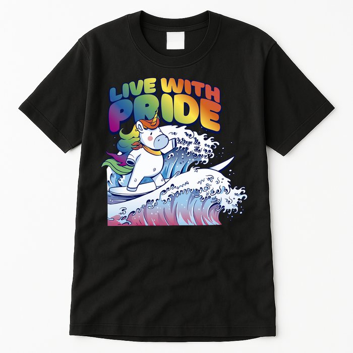 Live With Pride LGBTQ Unicorn Surfing Tall T-Shirt