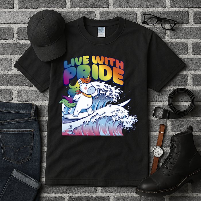 Live With Pride LGBTQ Unicorn Surfing Tall T-Shirt