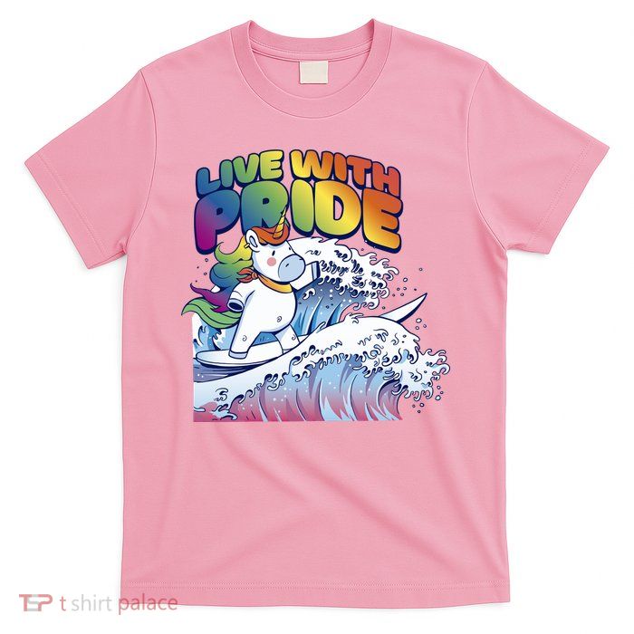 Live With Pride LGBTQ Unicorn Surfing T-Shirt