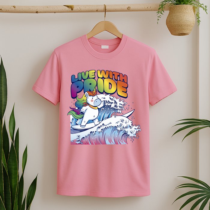 Live With Pride LGBTQ Unicorn Surfing T-Shirt