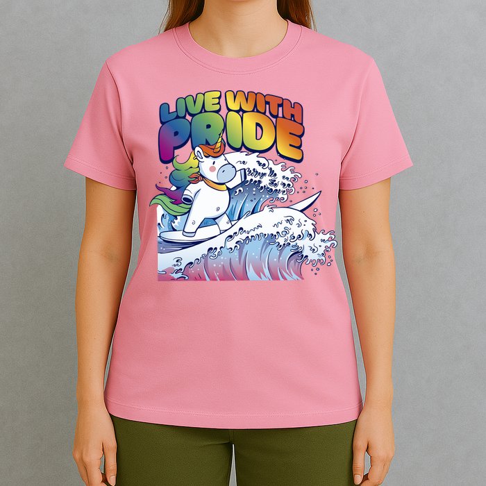 Live With Pride LGBTQ Unicorn Surfing T-Shirt