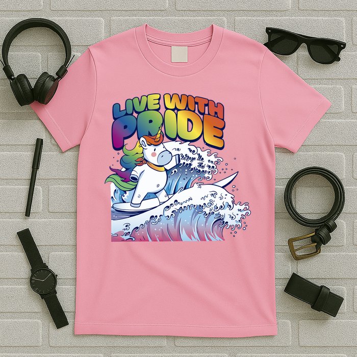 Live With Pride LGBTQ Unicorn Surfing T-Shirt