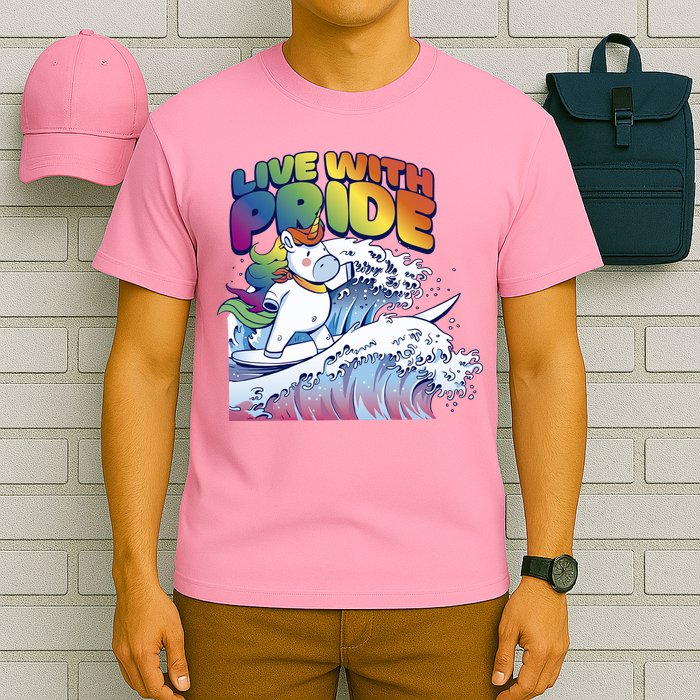 Live With Pride LGBTQ Unicorn Surfing T-Shirt