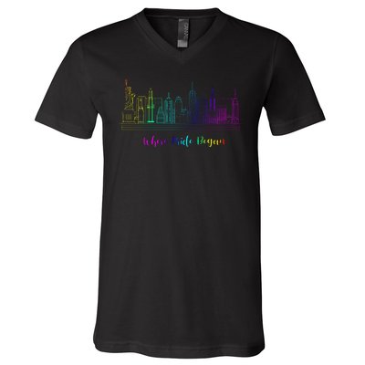 LGBT Where Pride Began NEW YORK SKYLINE V-Neck T-Shirt