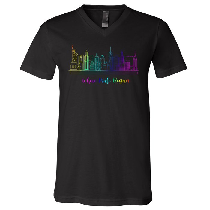 LGBT Where Pride Began NEW YORK SKYLINE V-Neck T-Shirt