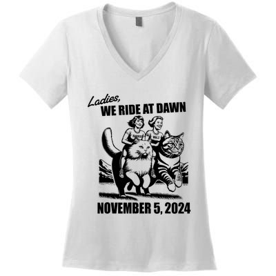 Ladies We Ride At Dawn Harris Walz 2024 President Election Women's V-Neck T-Shirt